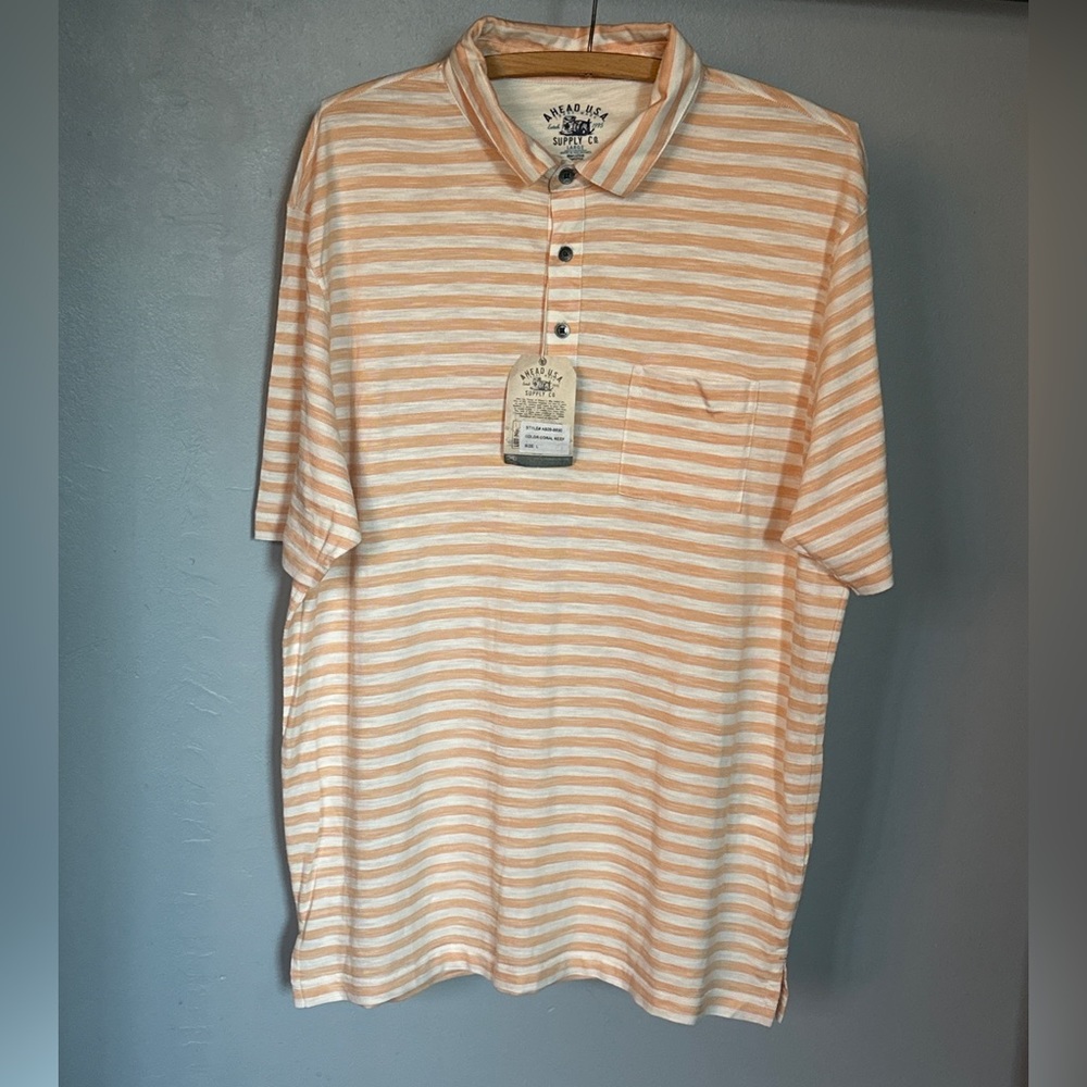 NWT  A Head U.S.A Supply Co. Striped Coral and White 3 Button Polo Size L